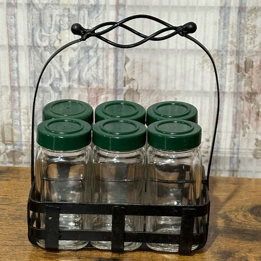 Glass Spice Jars with Green Lids and Black Metal Holder